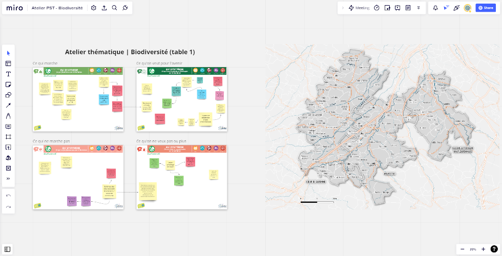 Interface collaborative en ligne (avec le l'outil Miro) mise en place pour un atelier avec les Personnes Publiques Associées duSCoT du Pays Sud Toulousain pour récolter les enjeux du territoire (dans de la révision de ce SCoT).